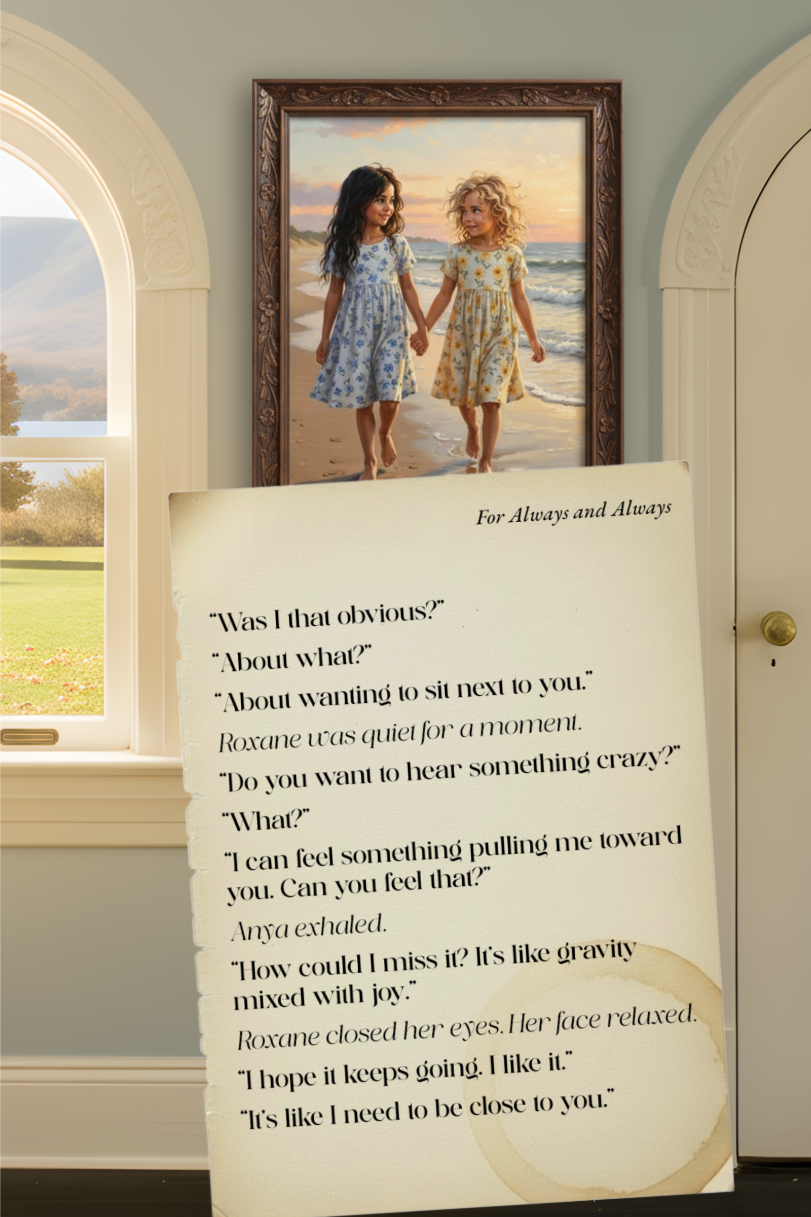 Home A sunlight room with a old window and door, with a painting hanging between them. The window looks out to a lawn, a tree, and a lake. The painting is of two little girls, in summer dresses, holding hands, walking on the beach with the water at their feet. A prominent coffee-stained page is floating in mid-air.