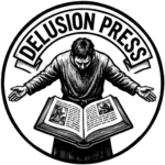 A round logo with a banner that says, "Delusion Press". A man is facing you, with head bowed and arms open wide, presenting you with an open book.