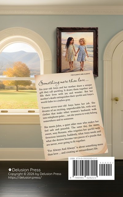 The back cover of the book shows the inside of a bedroom with hardwood floors and old-style moldings. There is a door and a window. Both are round on top. Outside the window, the sun is shining on a well-cared-for lawn with a large sterling silver linden tree. In the background is a lake with mountains in the distance.
Hanging on the wall is a framed painting of two little girls, one with blonde hair and one with black, wearing blue and yellow summer dresses, walking barefoot on a beach, holding hands and looking at each other.
A page torn from a book is floating in midair. It says:
Something more than love ...
Six-year-old Anya and her mother share a unique gift they call sparkling. It draws them together and fills their lives with joy and wonder. But her mother